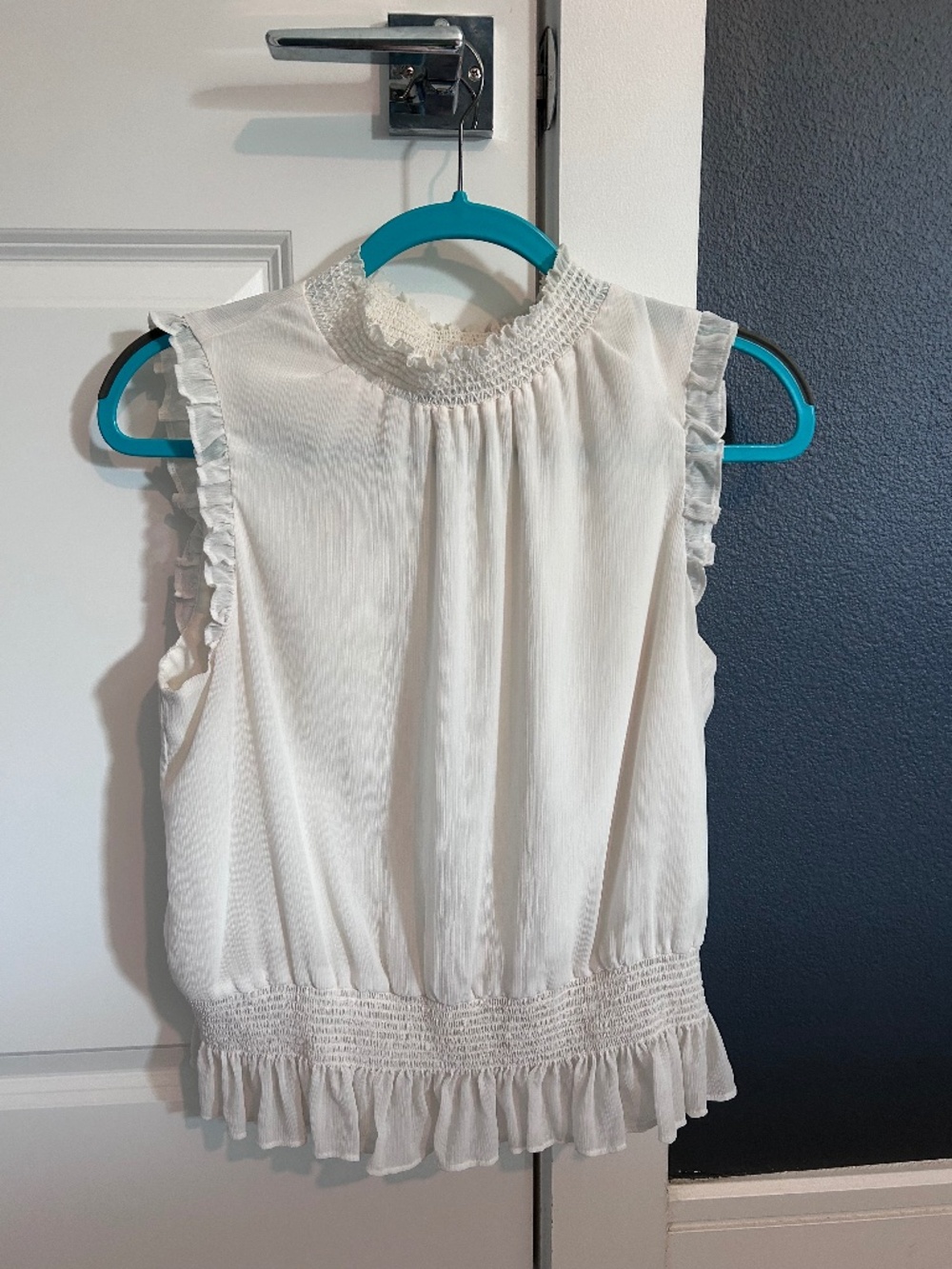 J.Crew Ivory Smocked Mock Neck Ruffle Sleeveless Top – Size 8